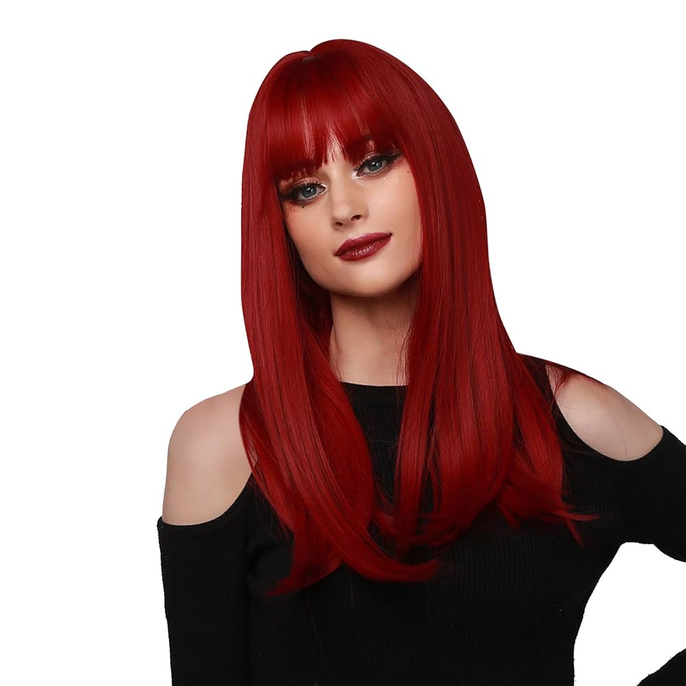 1/6 女性ヘッド : Red Long Straight Hair Red Long Straight Women's Wig with Bangs, Natural Synthetic